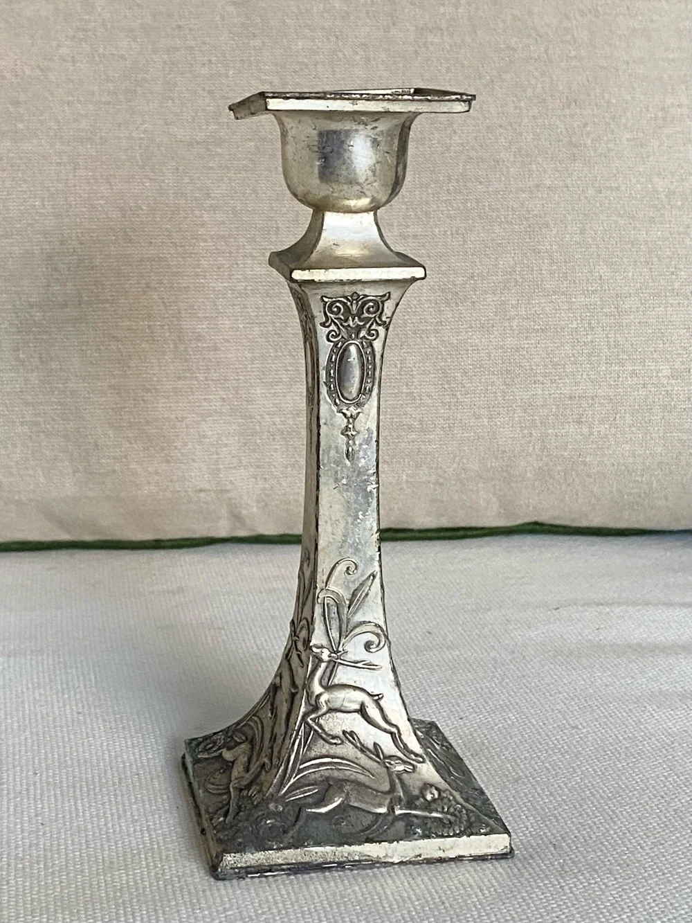 Vtg Japanese Silver-plate Relief Sika Deer Stag Motif Candlestick Holder Marked